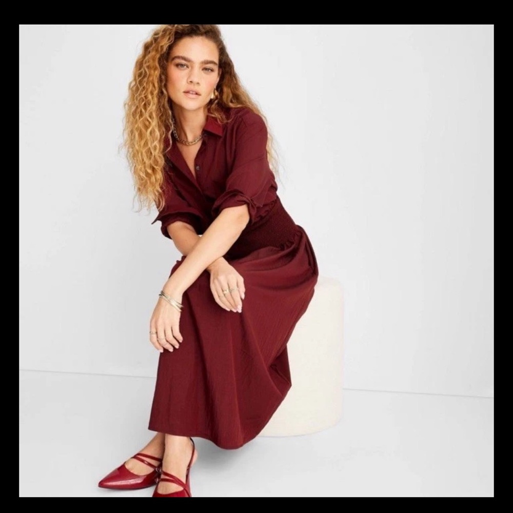 NWOT FUTURE COLLECTIVE Collared Long Sleeve Smocked Midi Shirtdress w/ Pockets